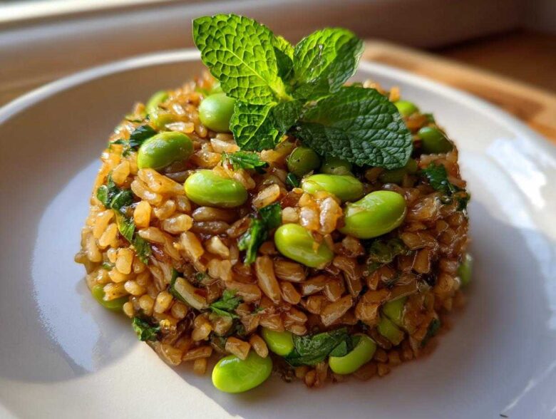 A molded portion of crispy rice salad mixed with bright green edamame and topped with fresh mint leaves.