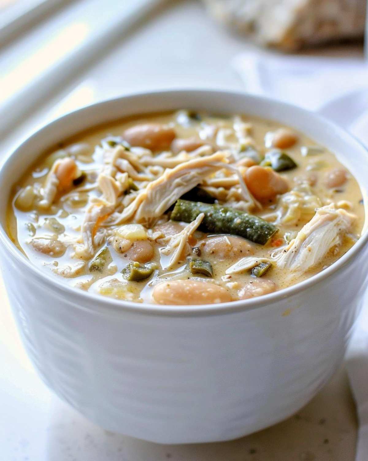 Close-up of a white bowl filled with creamy crockpot white chicken chili, featuring shredded chicken and white beans.