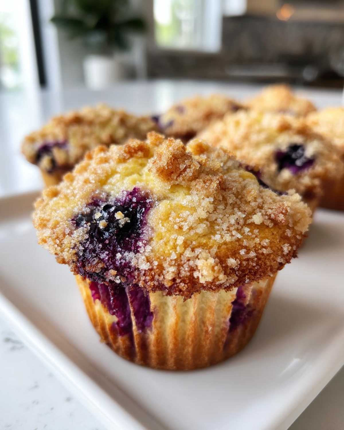 A close-up shot of a golden blueberry muffin topped with a crunchy sugar crumb topping.