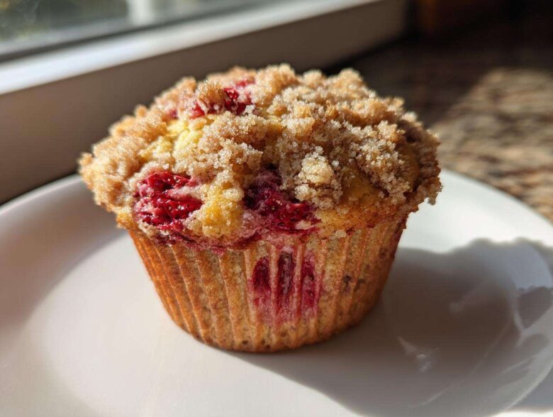 A close-up of a single, freshly baked strawberry muffins topped with a generous layer of brown sugar streusel.