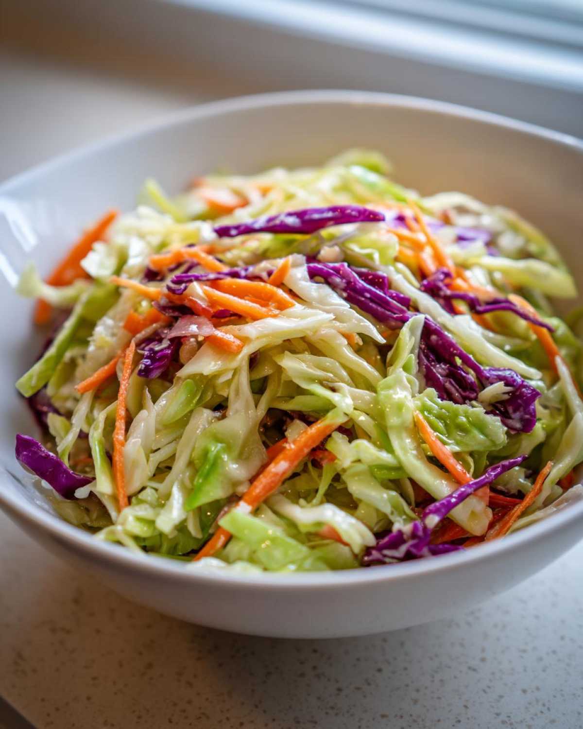 Close-up of a vibrant, crunchy cabbage salad featuring shredded green, white, and purple cabbage with carrots.