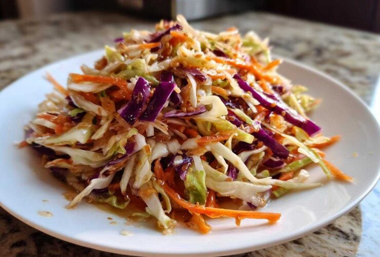 Close-up of a vibrant, crunchy cabbage salad featuring shredded green and purple cabbage and carrots with a light dressing.