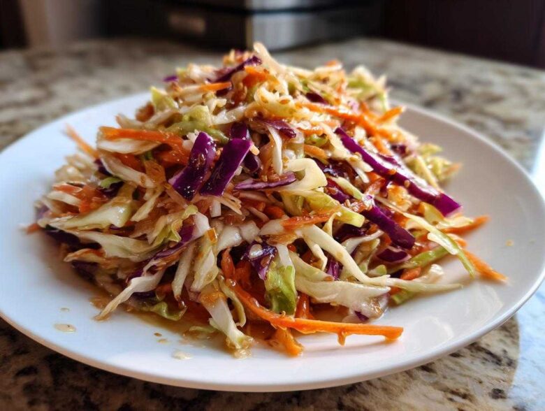 Close-up of a vibrant, crunchy cabbage salad featuring shredded green and purple cabbage and carrots with a light dressing.
