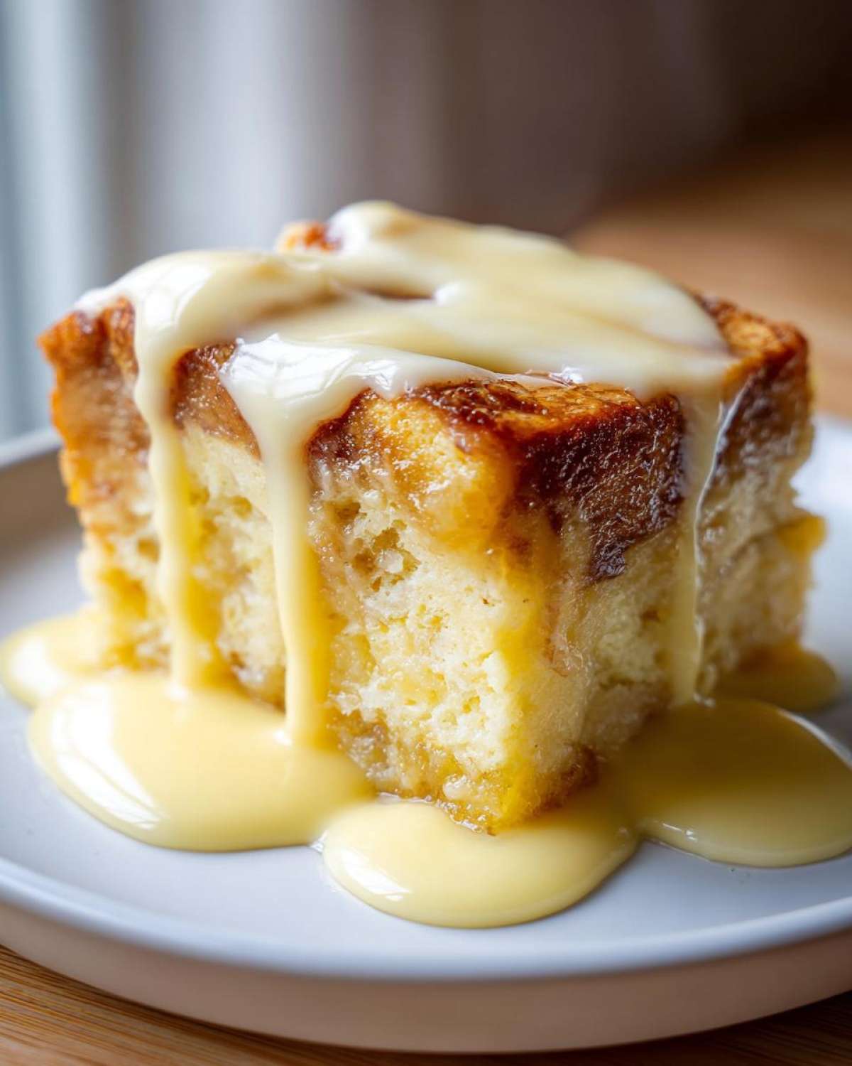 Close-up of a square slice of moist bread pudding topped with rich vanilla custard sauce.