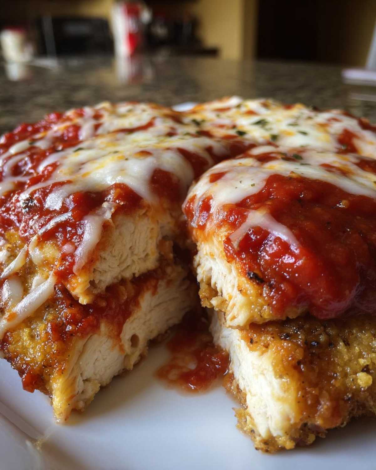 Close-up of Easy Chicken Parmesan cut in half, showing breaded chicken, marinara sauce, and melted mozzarella cheese.