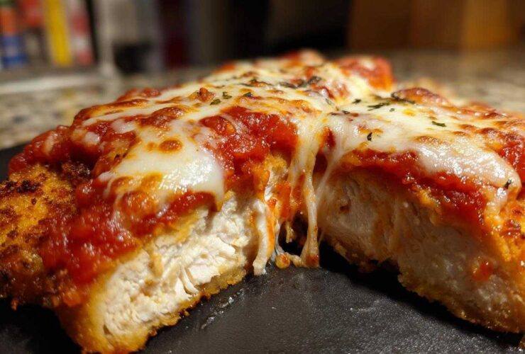 Close-up of Easy Chicken Parmesan cut in half showing juicy white meat, marinara sauce, and melted, stringy mozzarella cheese.