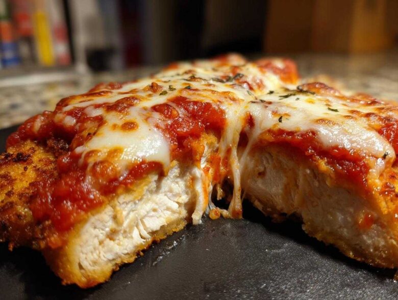 Close-up of Easy Chicken Parmesan cut in half showing juicy white meat, marinara sauce, and melted, stringy mozzarella cheese.
