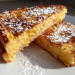Close-up of two thick slices of golden brown easy french toast dusted heavily with powdered sugar.