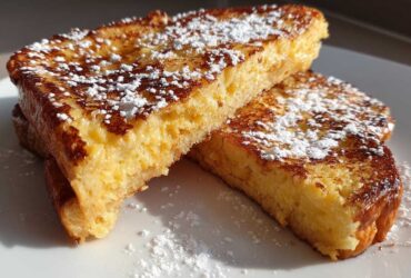 Close-up of two thick slices of golden brown easy french toast dusted heavily with powdered sugar.