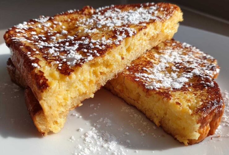 Close-up of two thick slices of golden brown easy french toast dusted heavily with powdered sugar.