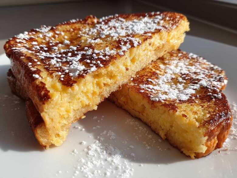 Close-up of two thick slices of golden brown easy french toast dusted heavily with powdered sugar.