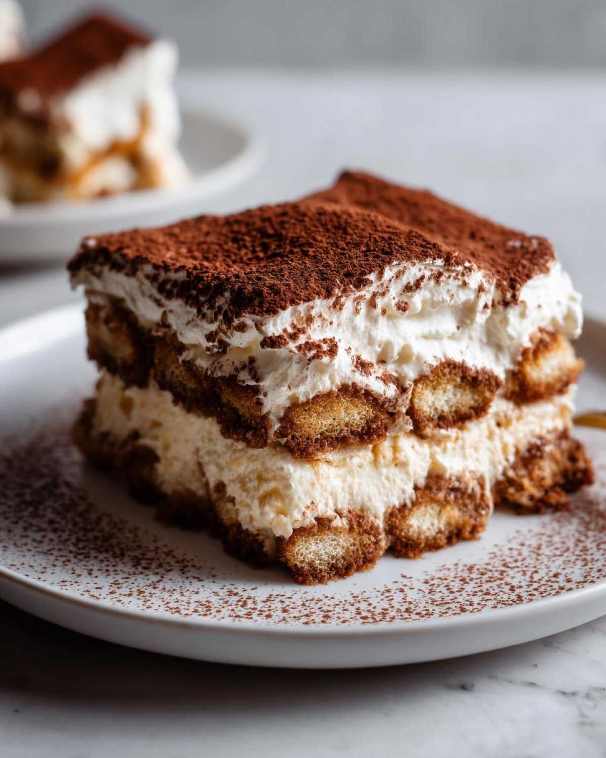 Close-up of a layered slice of tiramisu recipe, dusted heavily with cocoa powder.