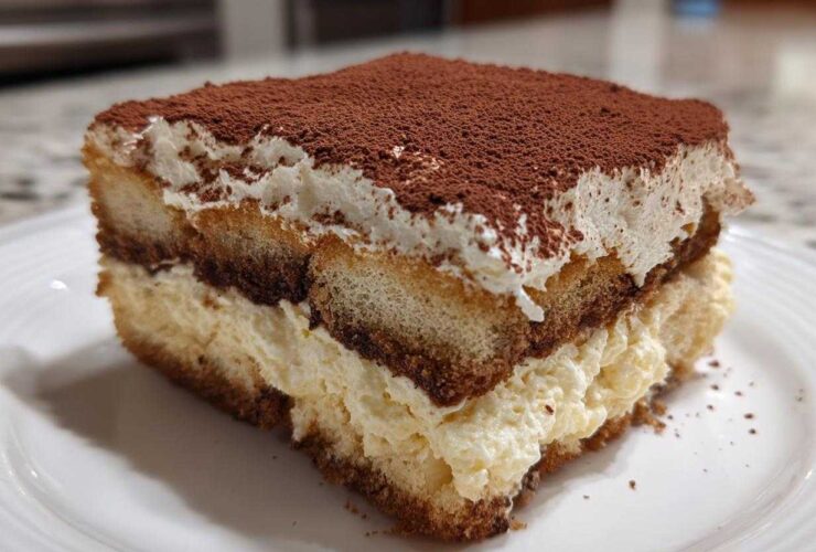 A close-up of a rich slice of tiramisu recipe, showing layers of coffee-soaked ladyfingers and creamy mascarpone, dusted with cocoa.