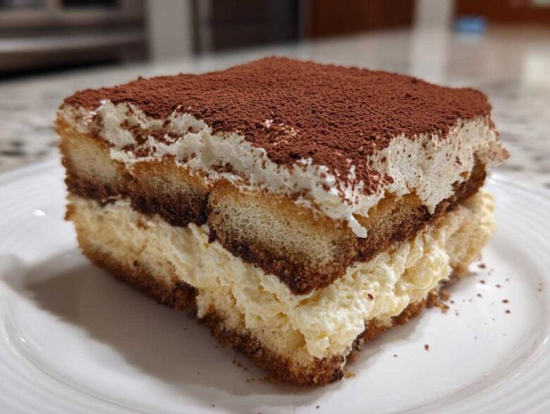 A close-up of a rich slice of tiramisu recipe, showing layers of coffee-soaked ladyfingers and creamy mascarpone, dusted with cocoa.