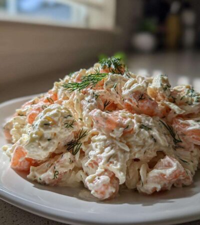A generous serving of creamy seafood salad with visible shrimp pieces, garnished with fresh dill, on a white plate.