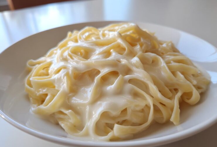 Close-up of fettuccine pasta generously coated in rich, creamy homemade alfredo sauce on a white plate.