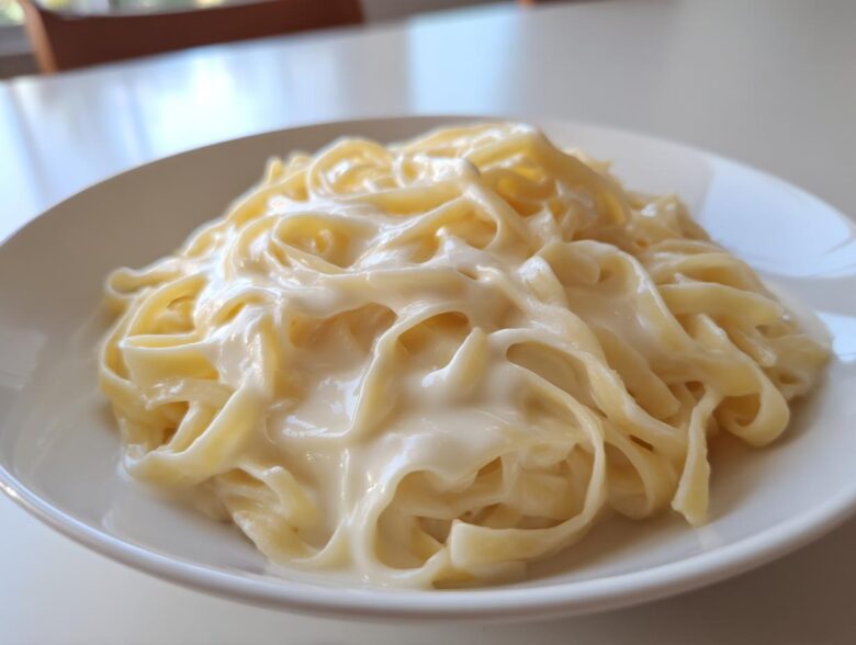 Close-up of fettuccine pasta generously coated in rich, creamy homemade alfredo sauce on a white plate.