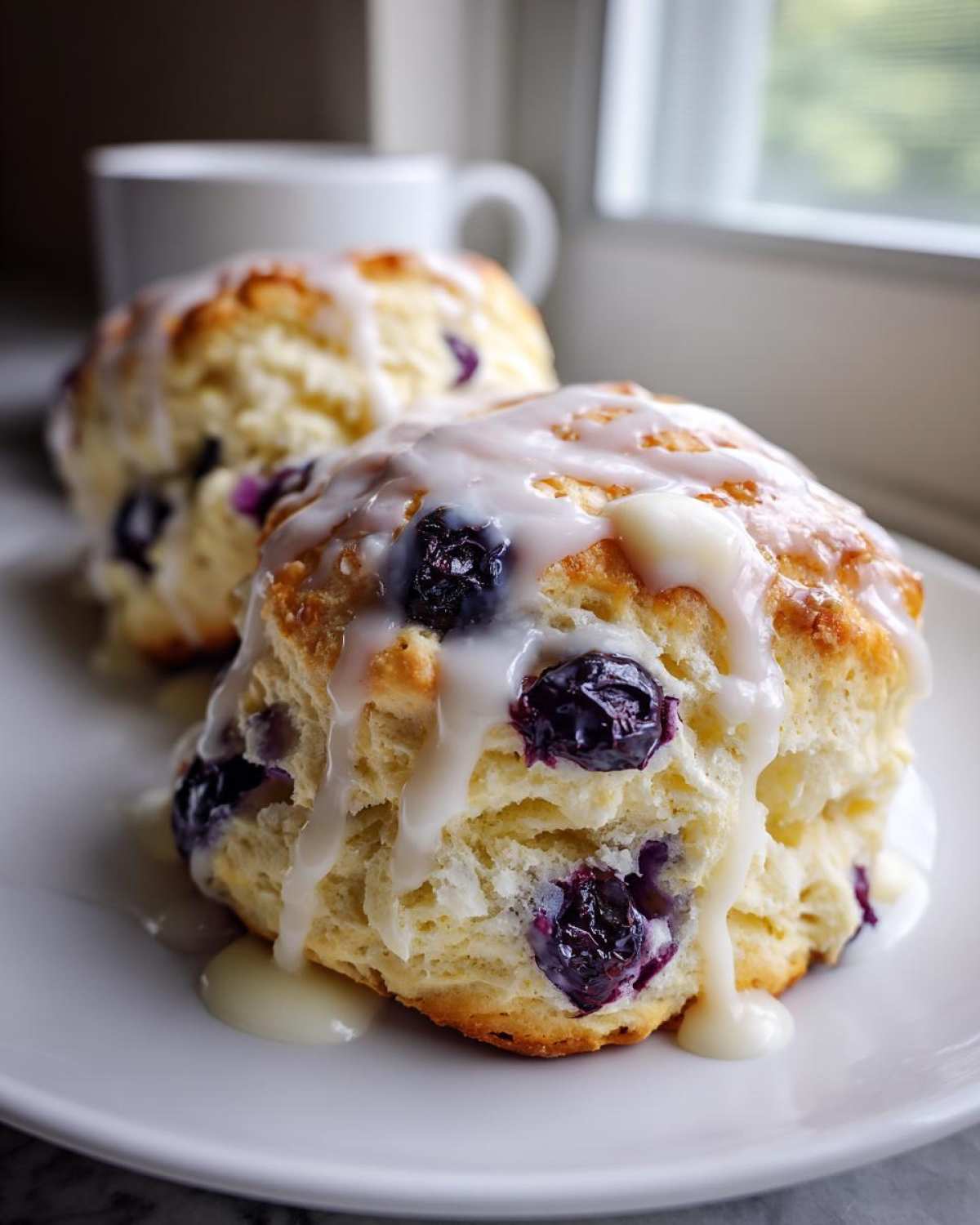 Close-up of two flaky blueberry scones topped with thick vanilla glaze, served on a white plate.