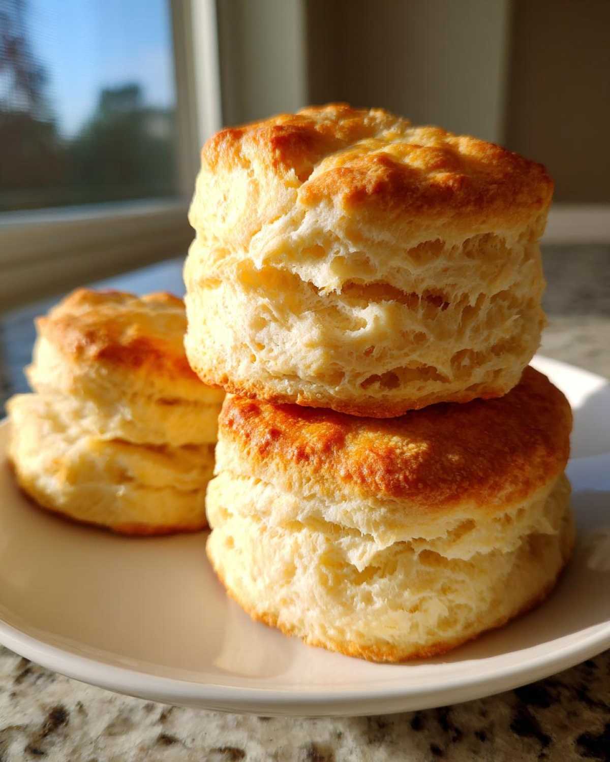 Close-up of three tall, flaky buttermilk biscuits stacked on a white plate near a window.