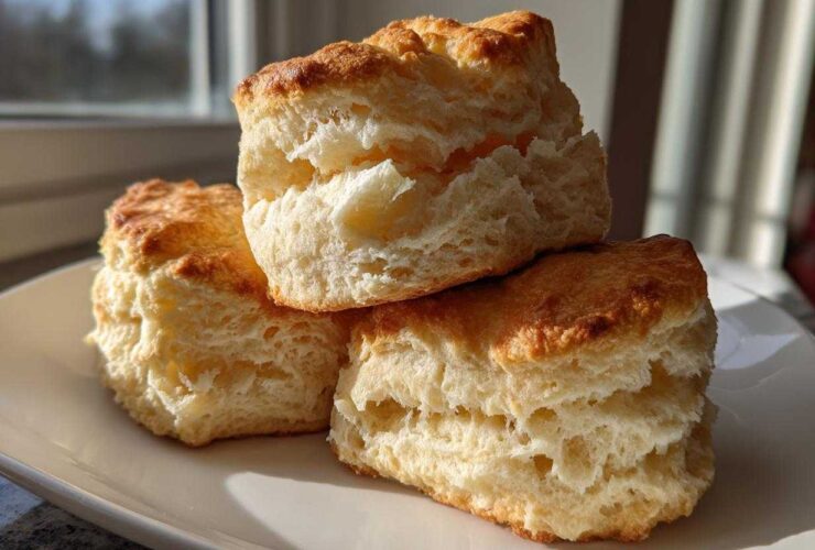 A close-up stack of three tall, flaky buttermilk biscuits with golden tops on a white plate.