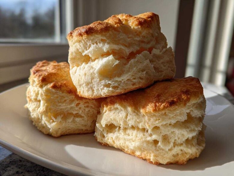 A close-up stack of three tall, flaky buttermilk biscuits with golden tops on a white plate.
