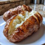 A close-up of a perfectly cooked air fryer baked potato, split open to show fluffy white interior and crispy, scored skin.
