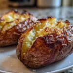 Close-up of a fluffy air fryer baked potato, split open and sprinkled with coarse salt.