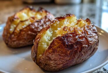 Close-up of a fluffy air fryer baked potato, split open and sprinkled with coarse salt.
