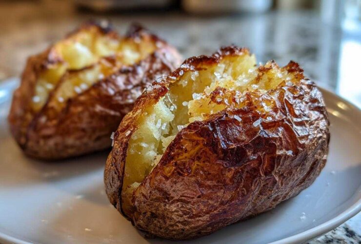 Close-up of a fluffy air fryer baked potato, split open and sprinkled with coarse salt.