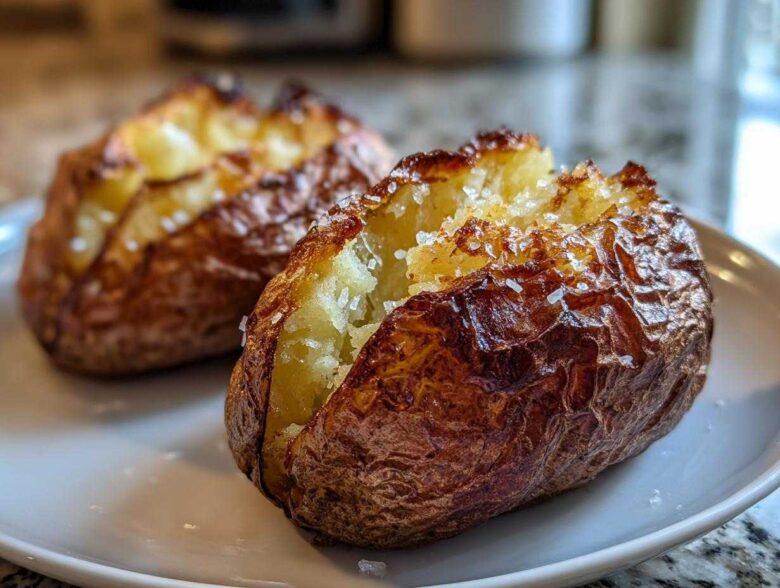 Close-up of a fluffy air fryer baked potato, split open and sprinkled with coarse salt.