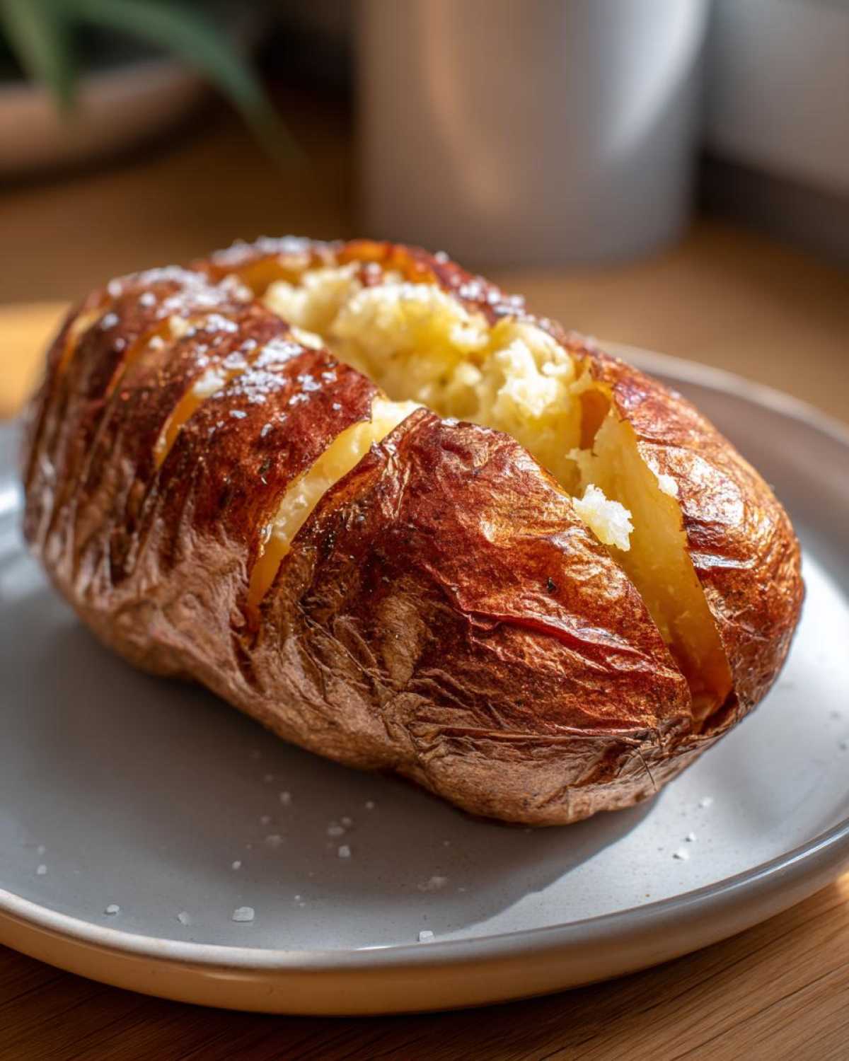A fluffy, golden-brown air fryer baked potato, split open and sprinkled with coarse salt, resting on a gray plate.