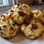 A close-up of several fluffy, golden-brown egg bites topped with bacon bits and green herbs on a white plate.