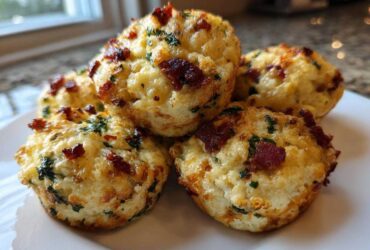 A close-up of several fluffy, golden-brown egg bites topped with bacon bits and green herbs on a white plate.