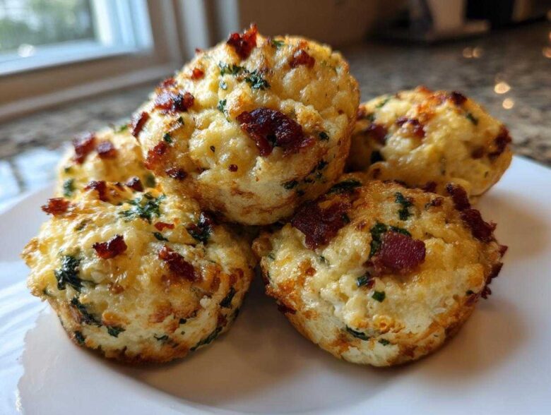 A close-up of several fluffy, golden-brown egg bites topped with bacon bits and green herbs on a white plate.