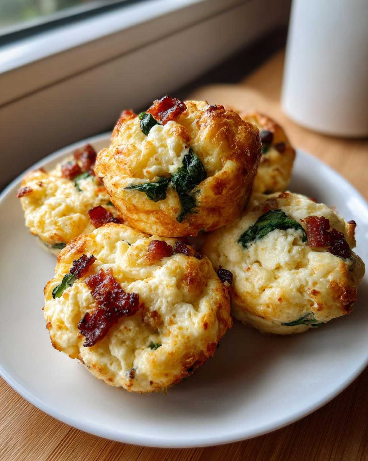 A stack of fluffy bacon and spinach egg bites served on a white plate near a window.