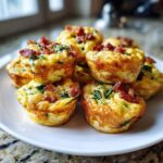 A stack of golden-brown, fluffy egg bites topped with bacon pieces and green spinach on a white plate.