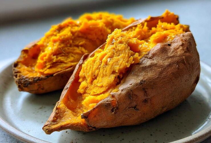 Close-up of a fluffy baked sweet potato cut in half, showing the bright orange interior.