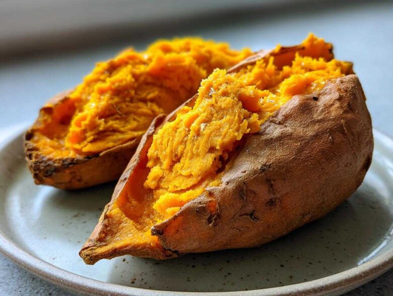 Close-up of a fluffy baked sweet potato cut in half, showing the bright orange interior.