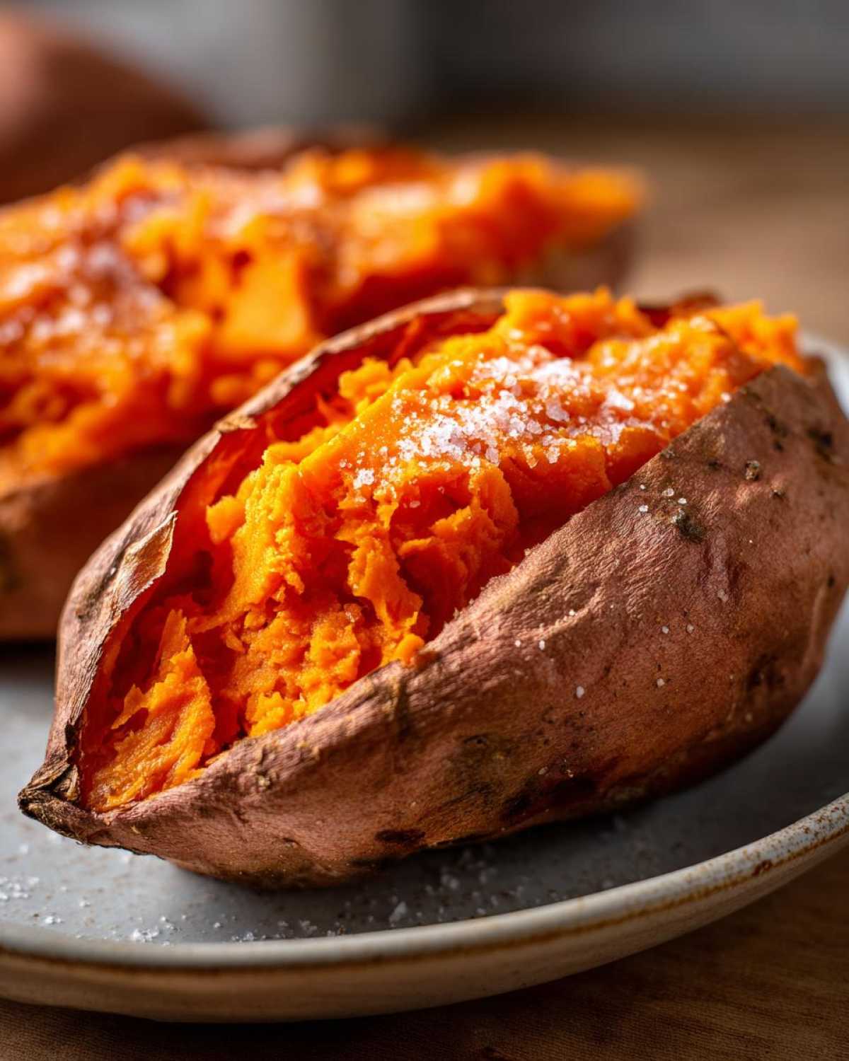 Close-up of a perfectly baked sweet potato, split open and sprinkled with coarse sea salt.