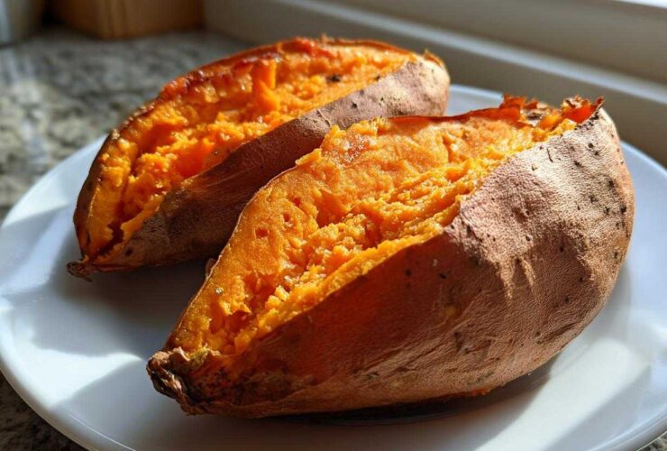 Two halves of perfectly cooked baked sweet potatoes showing bright orange, fluffy insides on a white plate.