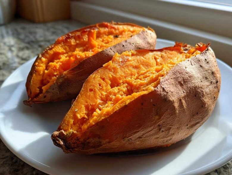 Two halves of perfectly cooked baked sweet potatoes showing bright orange, fluffy insides on a white plate.
