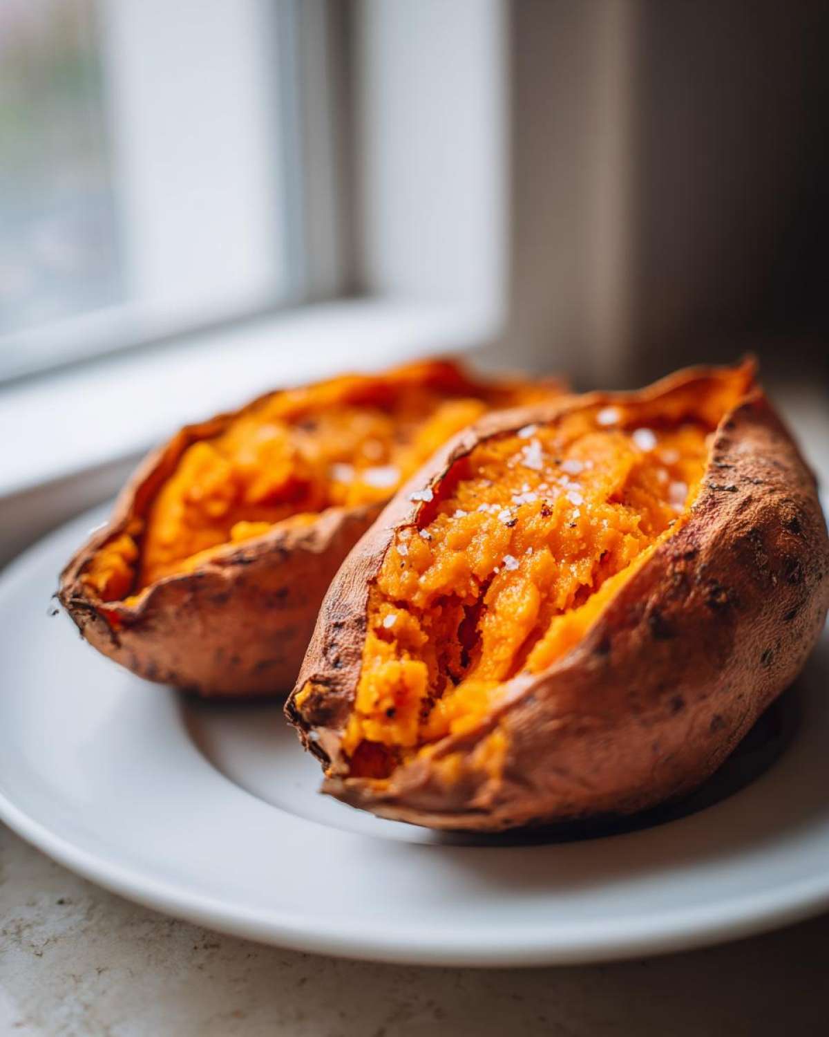 Two halves of fluffy baked sweet potatoes sprinkled with coarse sea salt on a white plate.