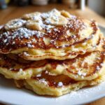 A close-up of a tall stack of fluffy banana pancakes topped with sliced bananas and powdered sugar.