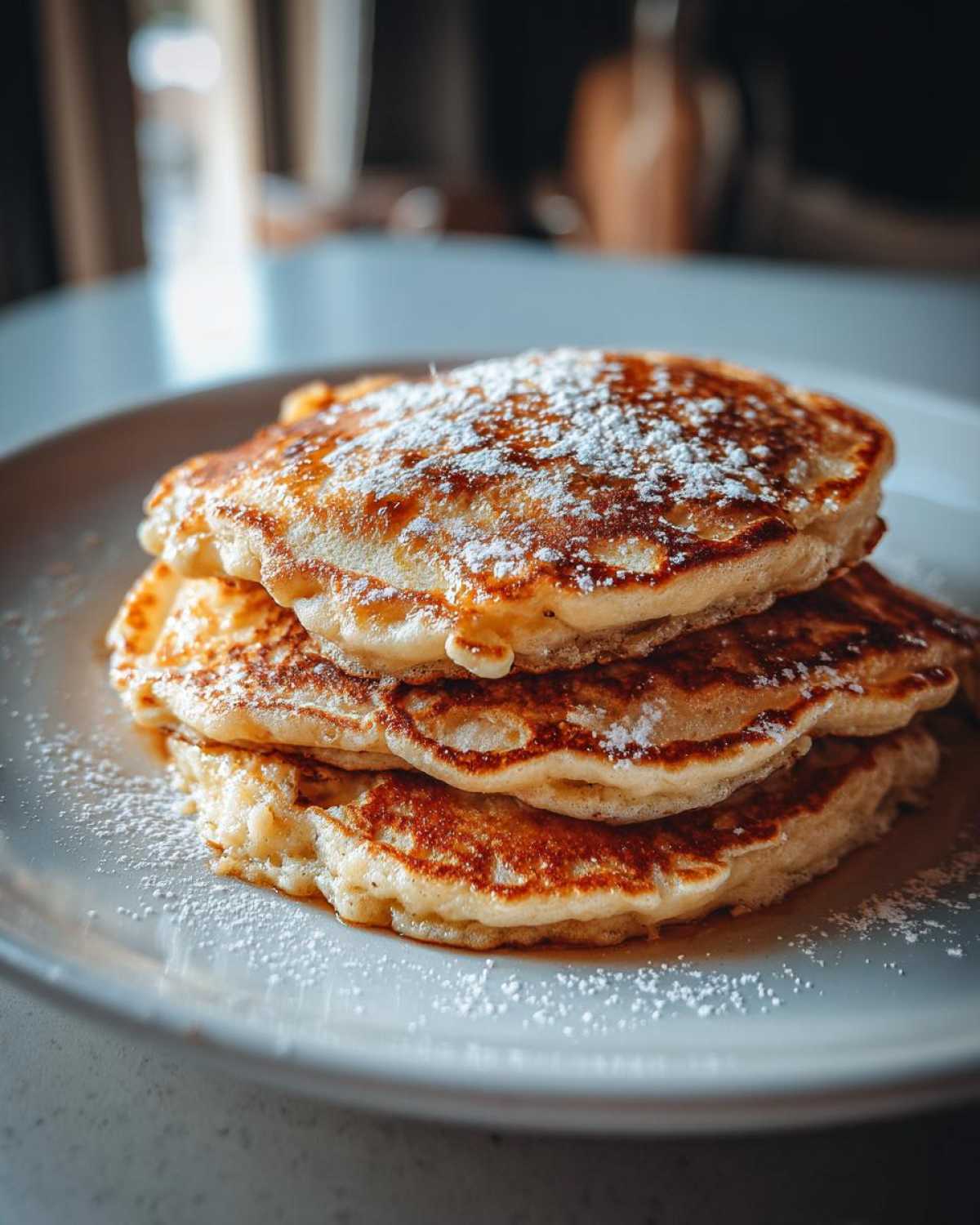 A close-up of a stack of three fluffy banana pancakes dusted generously with powdered sugar.