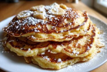 A close-up of a tall stack of fluffy banana pancakes topped with sliced bananas and powdered sugar.
