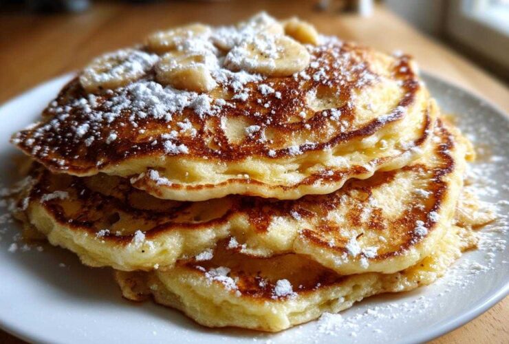 A close-up of a tall stack of fluffy banana pancakes topped with sliced bananas and powdered sugar.