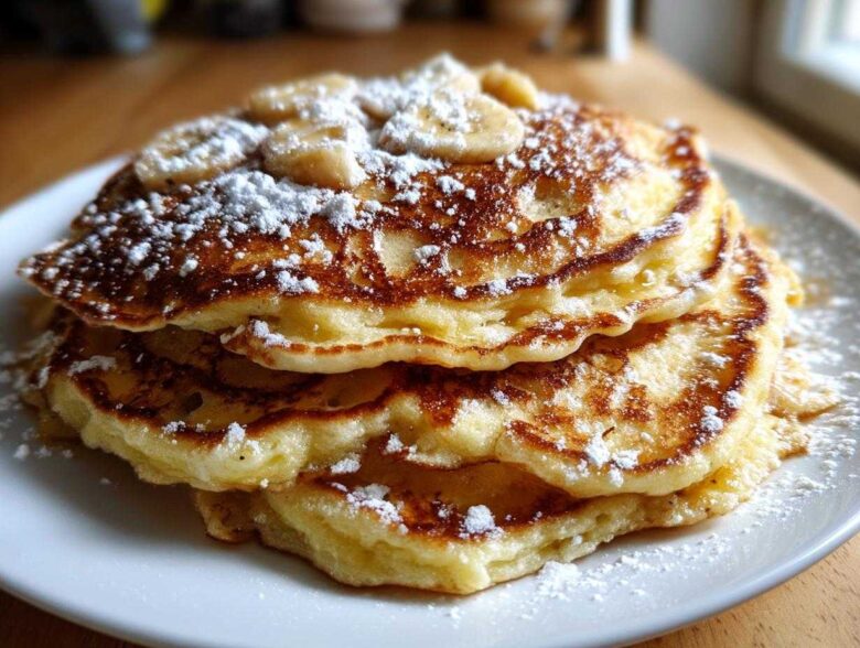 A close-up of a tall stack of fluffy banana pancakes topped with sliced bananas and powdered sugar.