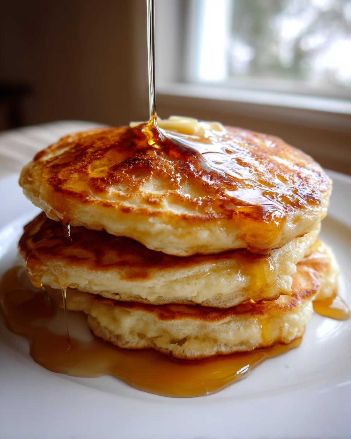 A tall stack of fluffy buttermilk pancakes being drizzled with golden syrup and topped with butter.