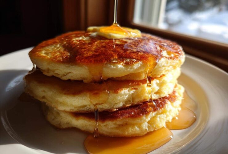 A tall stack of three fluffy buttermilk pancakes being drizzled with golden syrup and topped with melting butter.