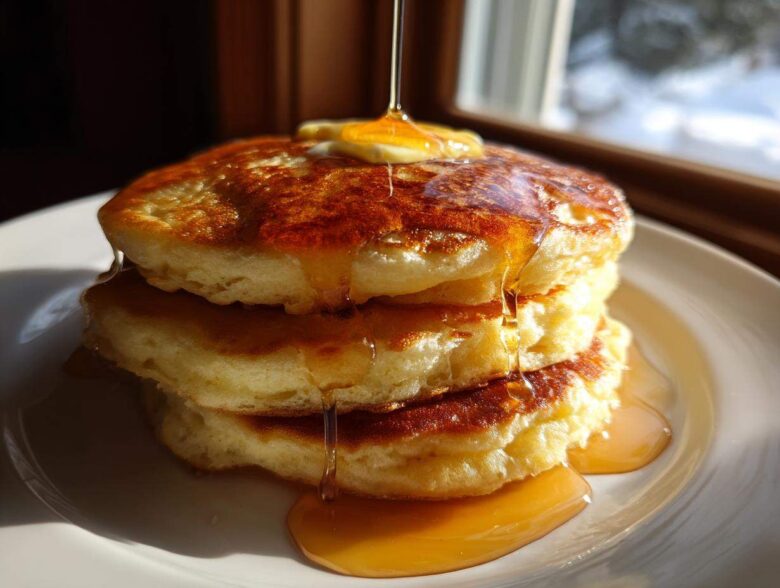 A tall stack of three fluffy buttermilk pancakes being drizzled with golden syrup and topped with melting butter.
